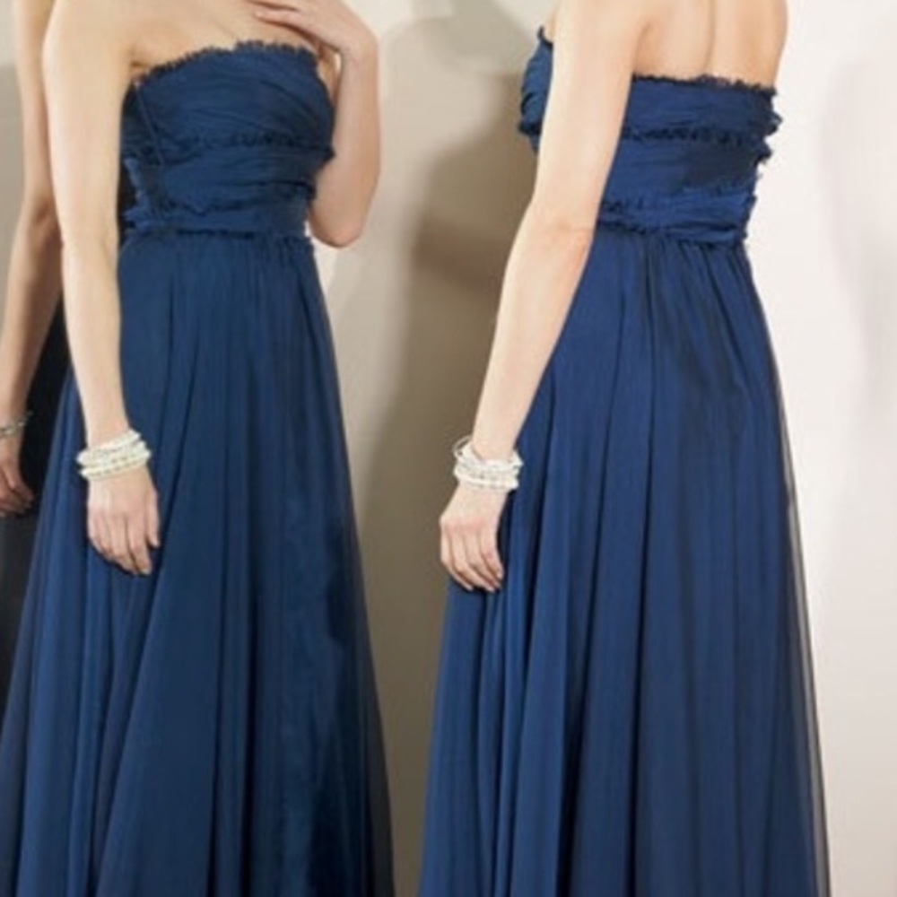 Monique Lhuillier Navy Fringe Detail Chiffon Dress